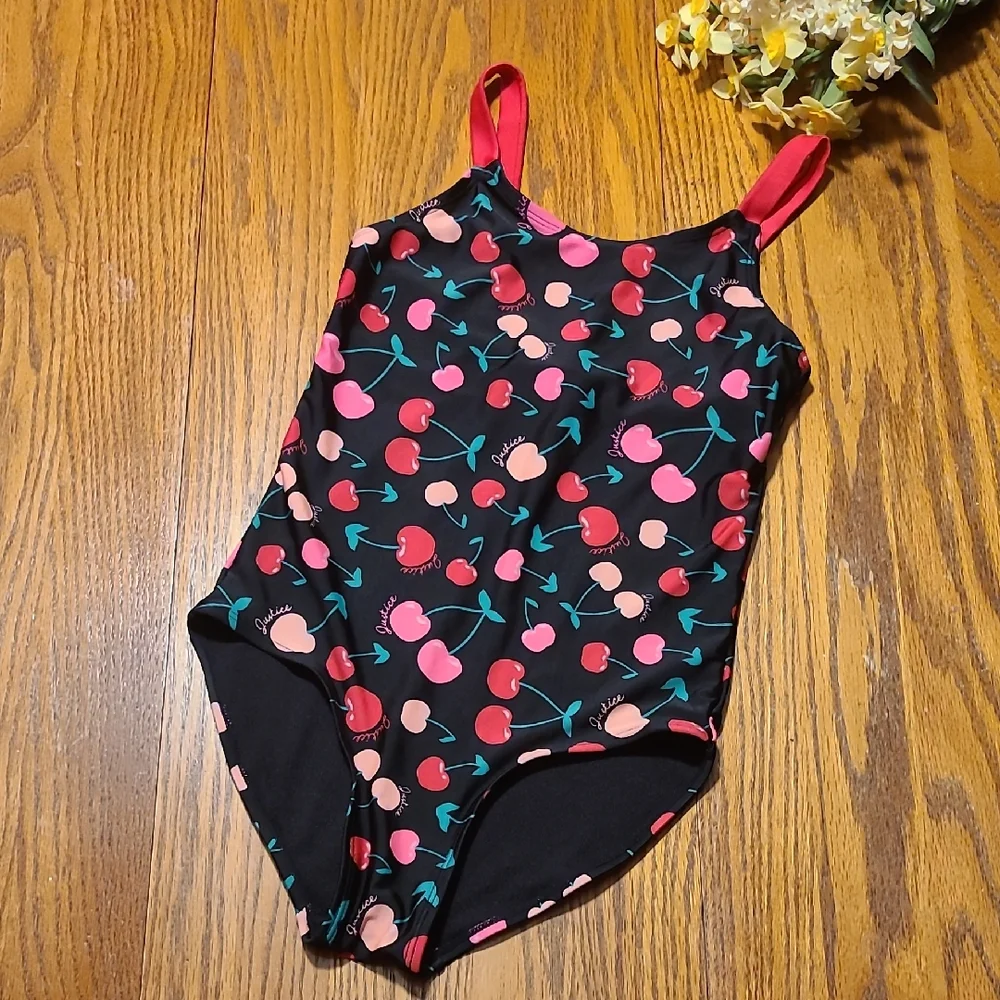 Justice Cherry Print One Piece Swimsuit - Size 12